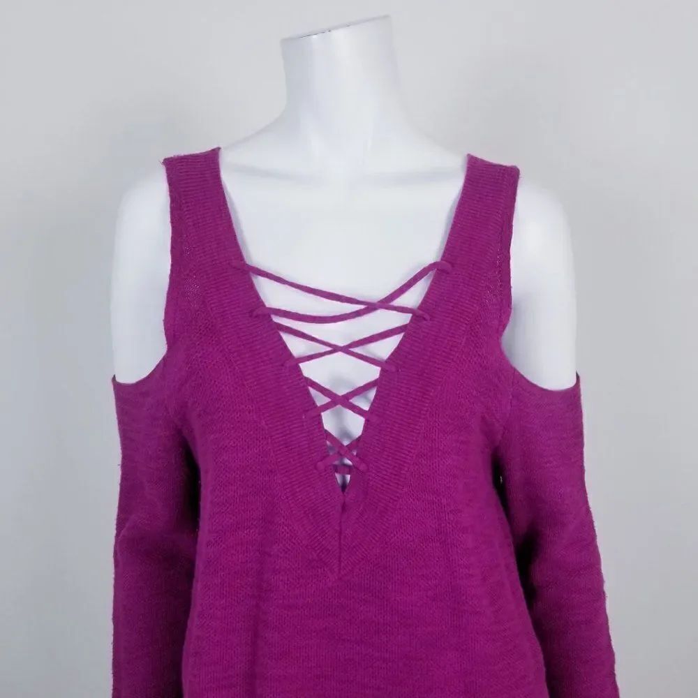 Express Pink Lace Up Cold Shoulder Sweater Medium - Picture 2 of 6